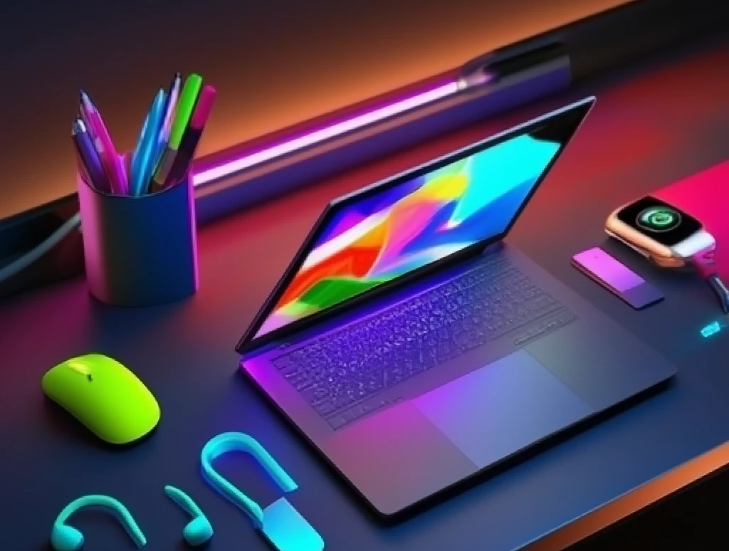 Gadgets tecnológicos imprescindibles para emprendedores en 2026 sobre un escritorio moderno con laptop, tablet, smartwatch y auriculares