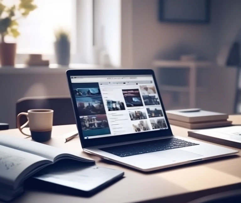 Foto de escritorio con laptop, tablet, cuaderno y libros digitales abiertos, mostrando una plataforma de cursos online.