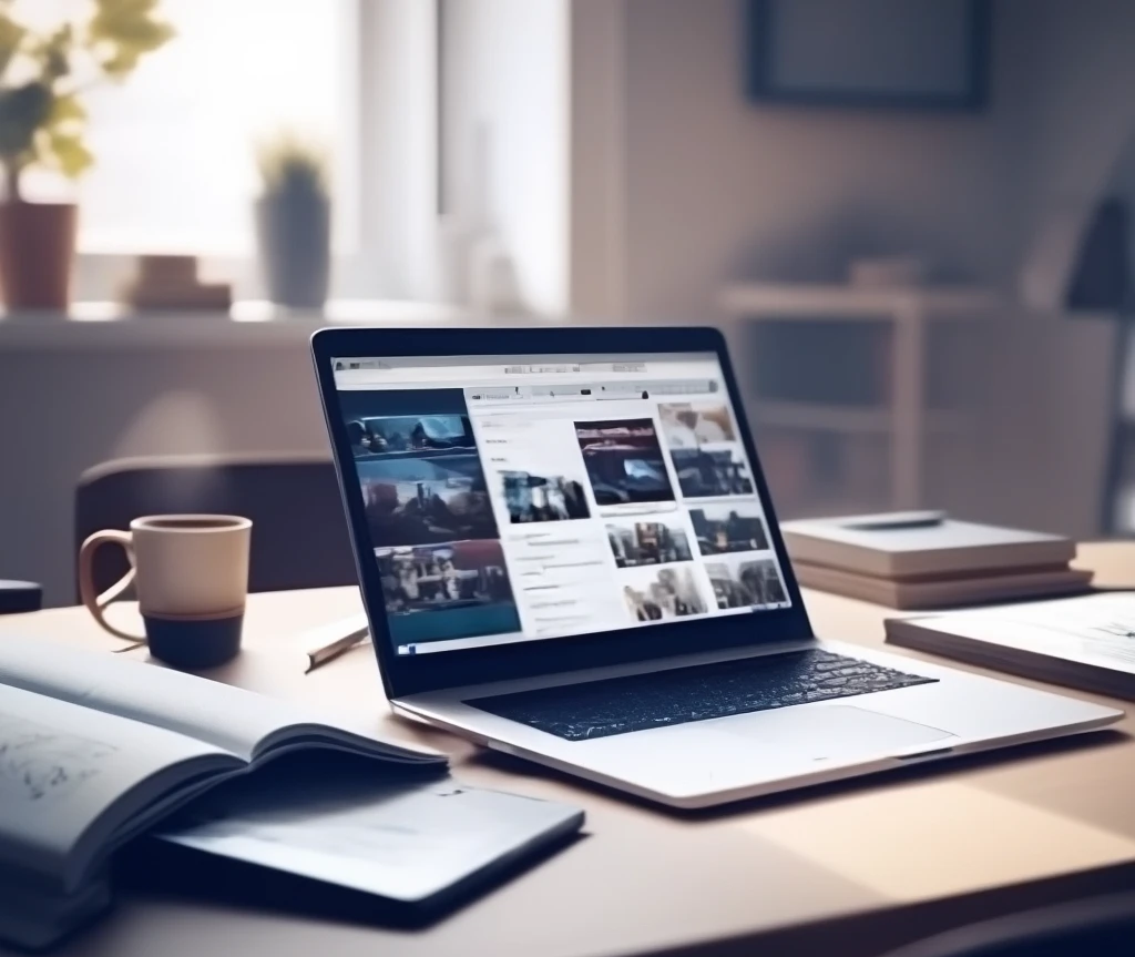 Foto de escritorio con laptop, tablet, cuaderno y libros digitales abiertos, mostrando una plataforma de cursos online.