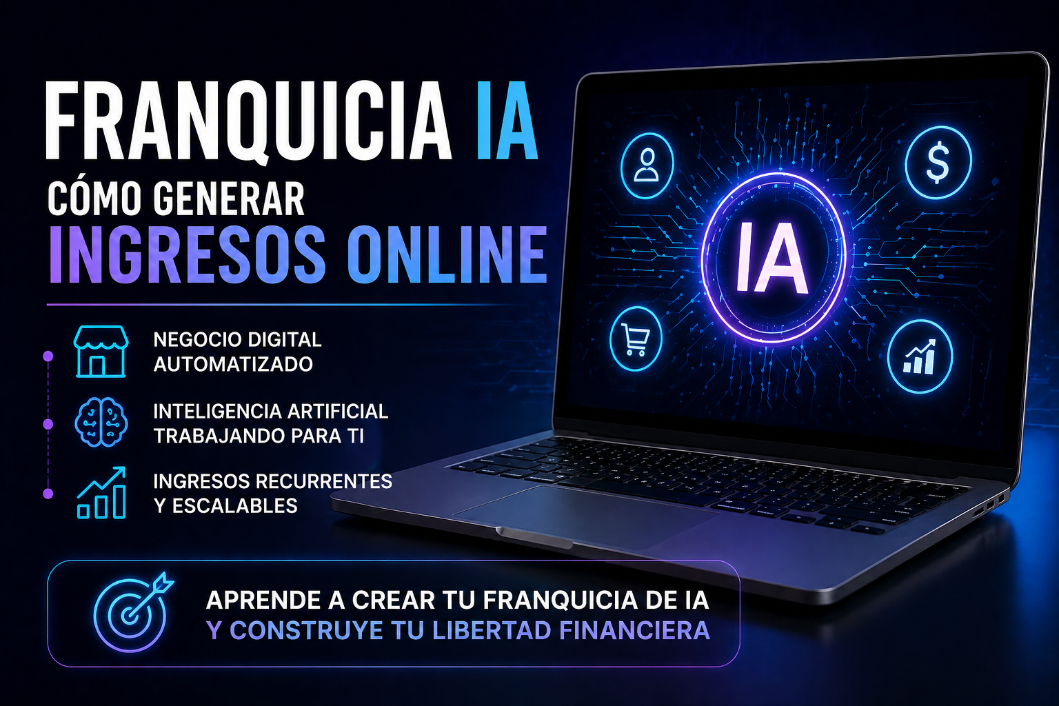 curso Franquicia IA para generar ingresos online con portátil y diseño futurista de inteligencia artificial