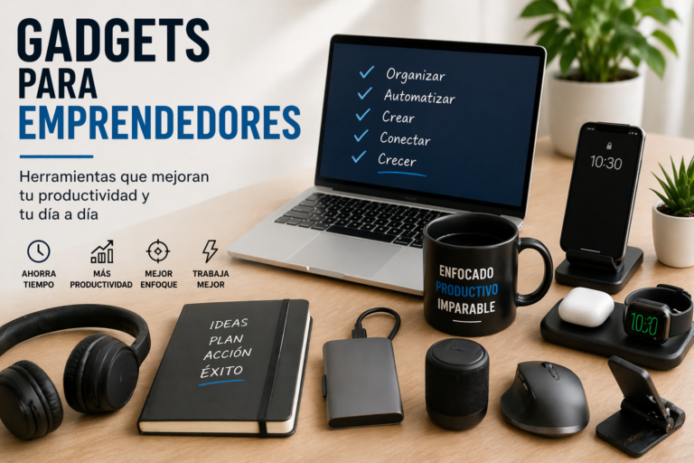 Gadgets para emprendedores que mejoran productividad trabajo diario y organización con escritorio moderno y tecnología útil