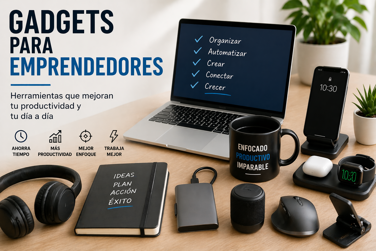 Gadgets para emprendedores que mejoran productividad trabajo diario y organización con escritorio moderno y tecnología útil