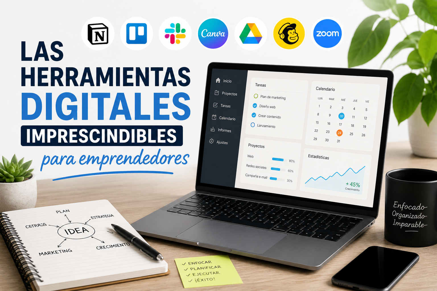 Herramientas digitales recomendadas para emprendedores que buscan mejorar su productividad, automatizar tareas y gestionar mejor su negocio online.