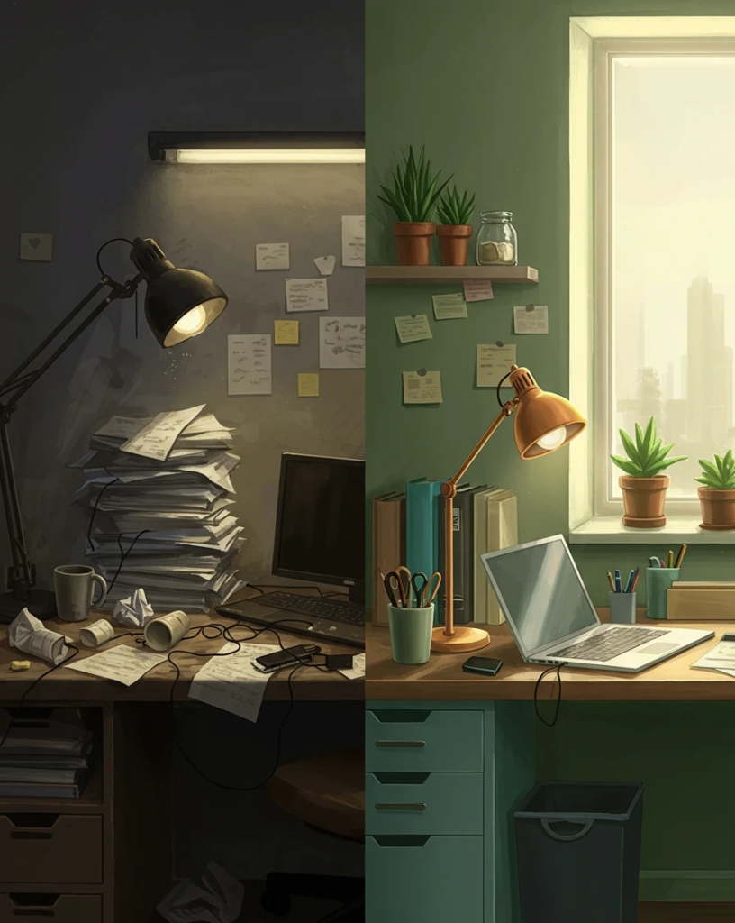 Espacio de trabajo antes y después de aplicar un sistema para delegar tareas con IA