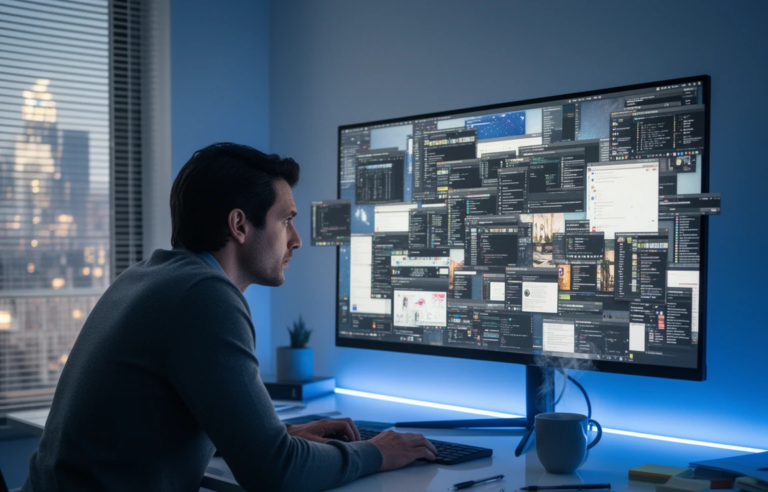 persona trabajando muchas horas frente al ordenador con sensación de saturación mental