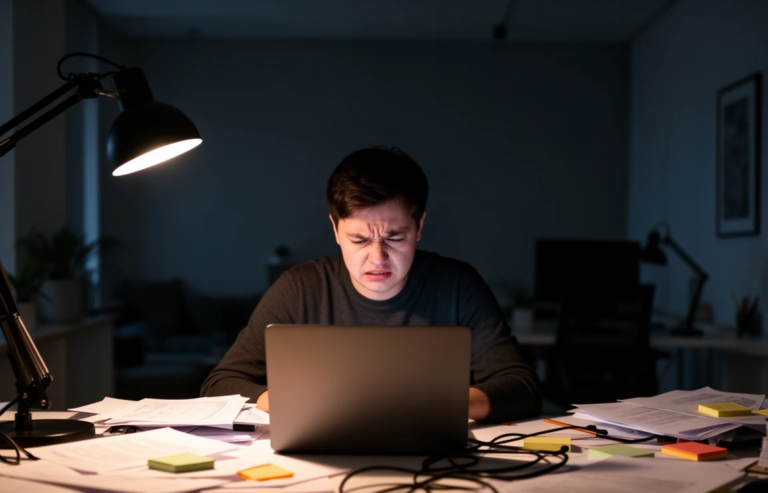 persona trabajando frente al ordenador con sensación de cansancio por decidir prioridades cada día