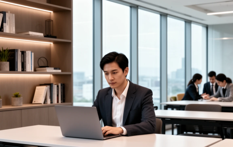 Persona trabajando con portátil en un entorno ordenado, representando la estructura y organización de un negocio digital