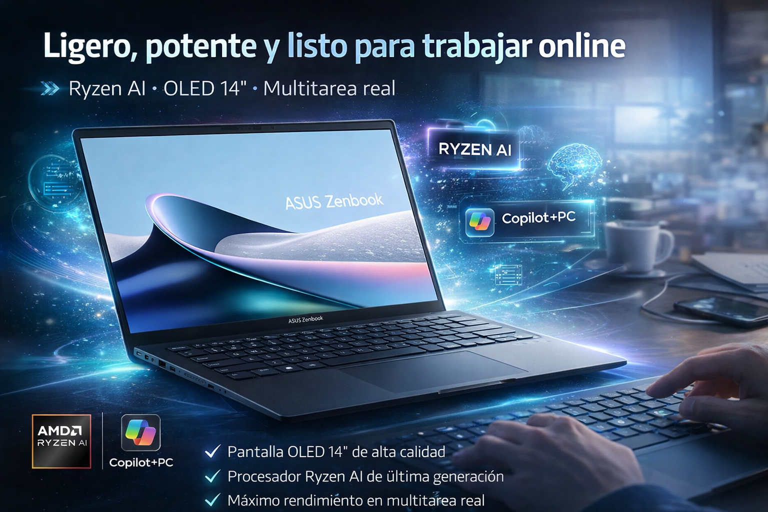 asus zenbook 14 oled ryzen ai portatil trabajar online rendimiento multitarea