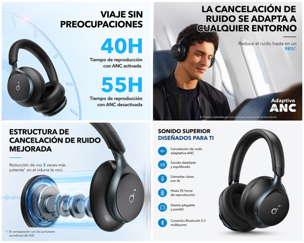Collage de auriculares Bluetooth Soundcore con cancelación de ruido adaptativa ANC, hasta 55 horas de batería, modo viaje, estructura interna mejorada y diseño inalámbrico plegable en color negro.