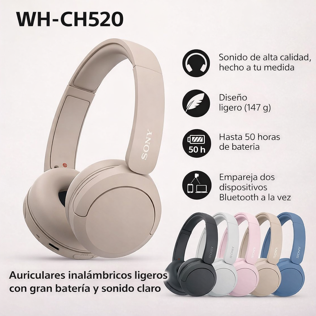 auriculares inalámbricos Sony WH-CH520 como regalo para el Día de la Madre con gran batería y sonido de alta calidad