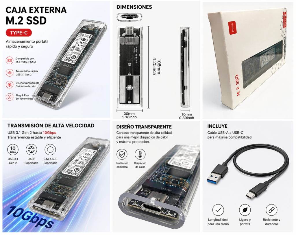 caja externa M.2 SSD con conexión USB-C, diseño transparente, medidas compactas, velocidad de transferencia hasta 10 Gbps y cable incluido.