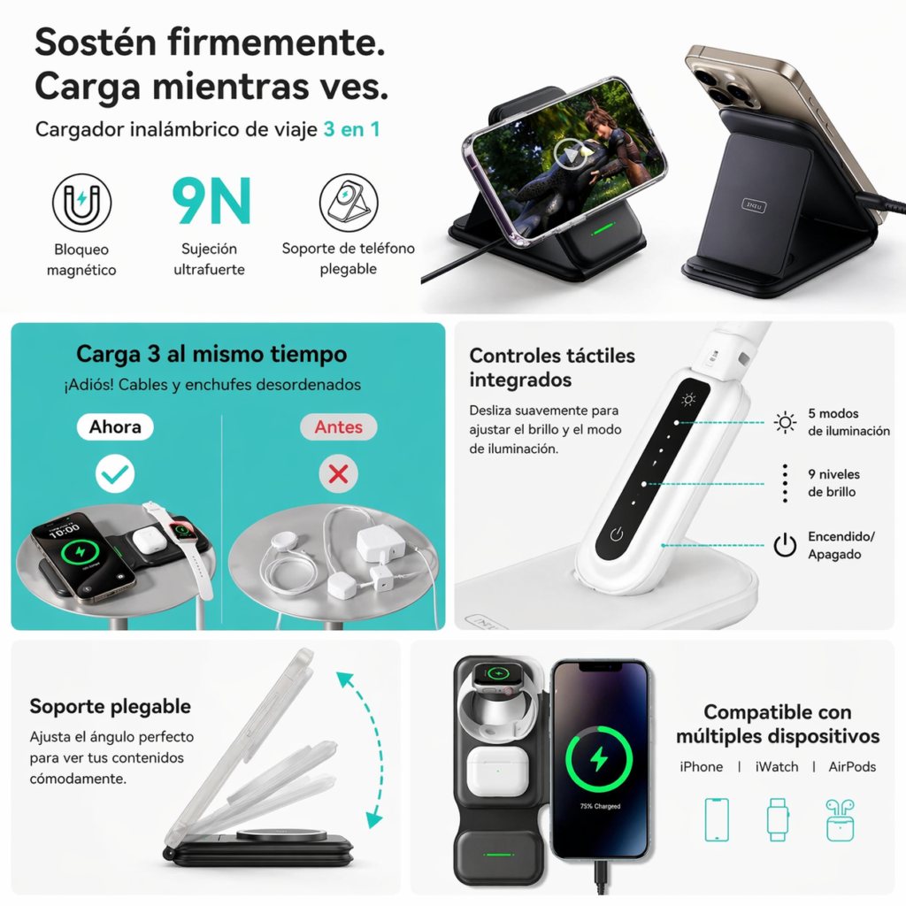 Cargador inalámbrico 3 en 1 plegable con soporte magnético para cargar iPhone, Apple Watch y AirPods al mismo tiempo, ideal para viaje y escritorio.