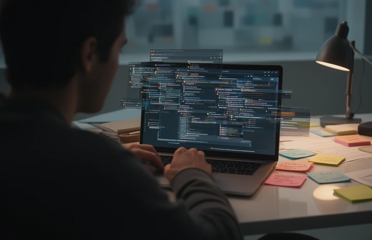 Profesional trabajando solo con múltiples tareas abiertas, representando la carga de ser imprescindible en el trabajo.