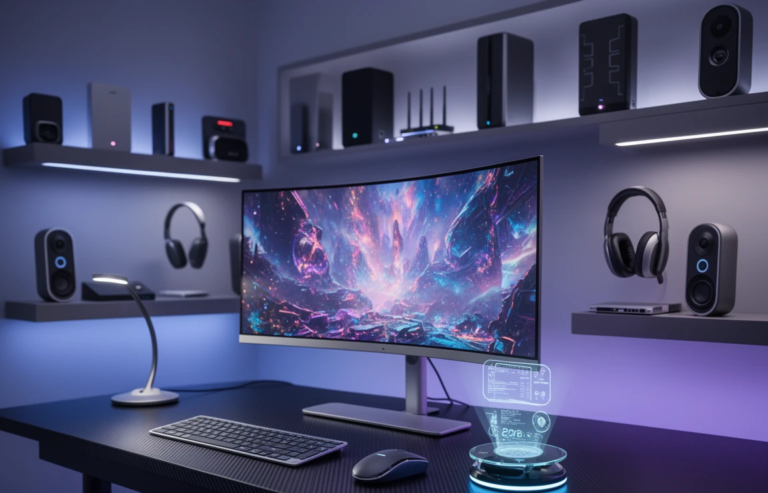 gadgets tecnológicos útiles en 2026 en un escritorio de trabajo moderno con ordenador y accesorios