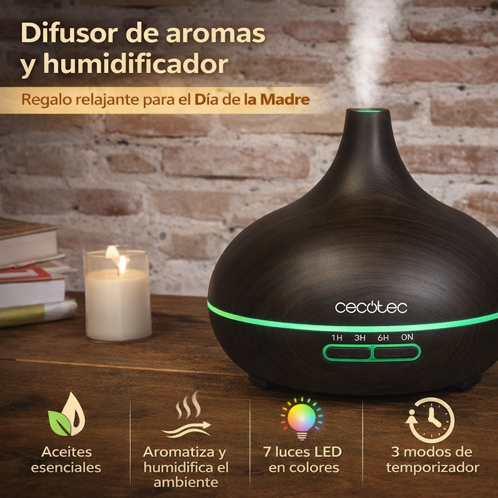 difusor de aromas Cecotec con aceites esenciales humidificador ultrasónico ideal como regalo para el Día de la Madre