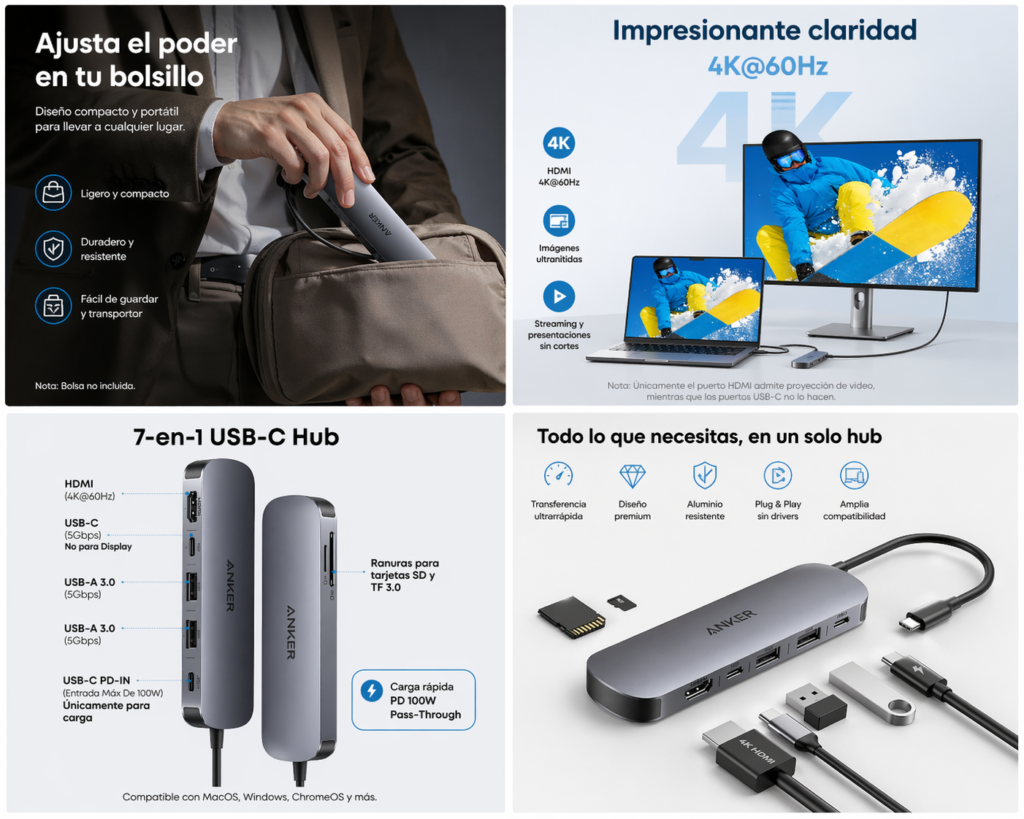 Collage del hub USB-C Anker 7 en 1 portátil con salida 4K HDMI, puertos USB, lector SD y diseño compacto para portátil.