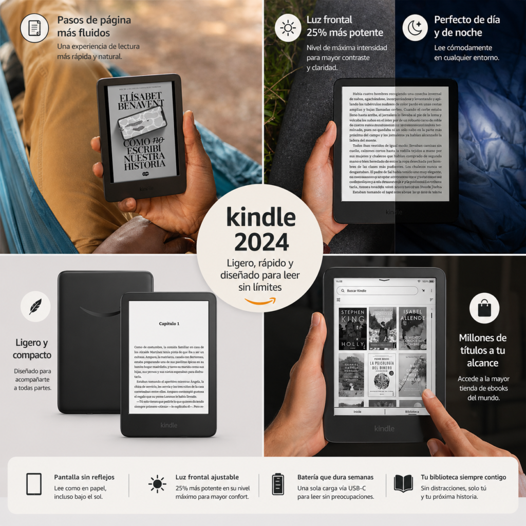 Kindle 2024 mostrando lectura sin reflejos, luz frontal mejorada y diseño compacto con batería de larga duración