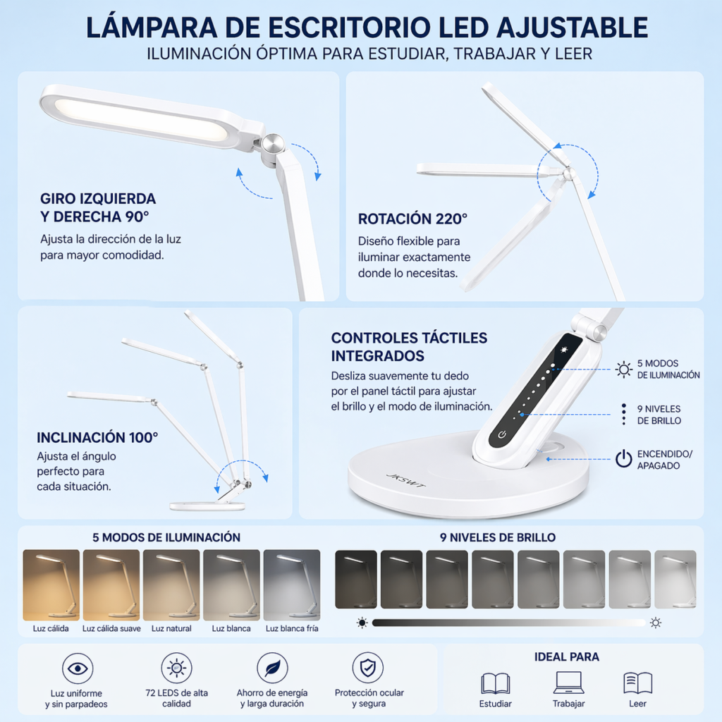 Lámpara de escritorio LED ajustable con control táctil, 5 modos de iluminación y 9 niveles de brillo para estudiar, trabajar y leer.
