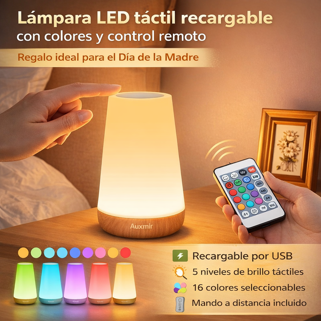 lámpara LED táctil recargable con colores y control remoto ideal como regalo para el Día de la Madre