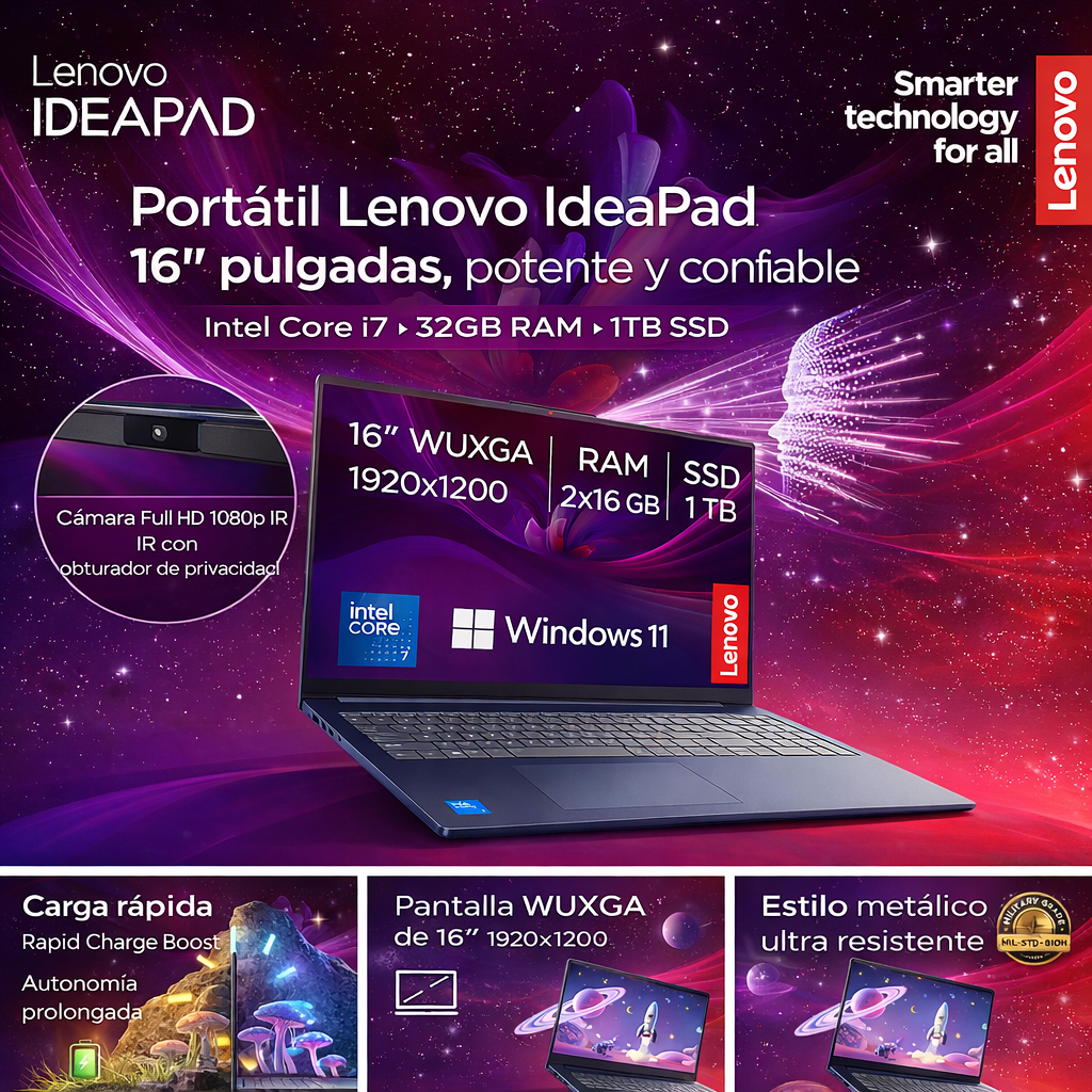 Portátil Lenovo IdeaPad 16 pulgadas con Intel Core i7, 32GB RAM y 1TB SSD, cámara Full HD con obturador de privacidad, carga rápida y diseño metálico resistente