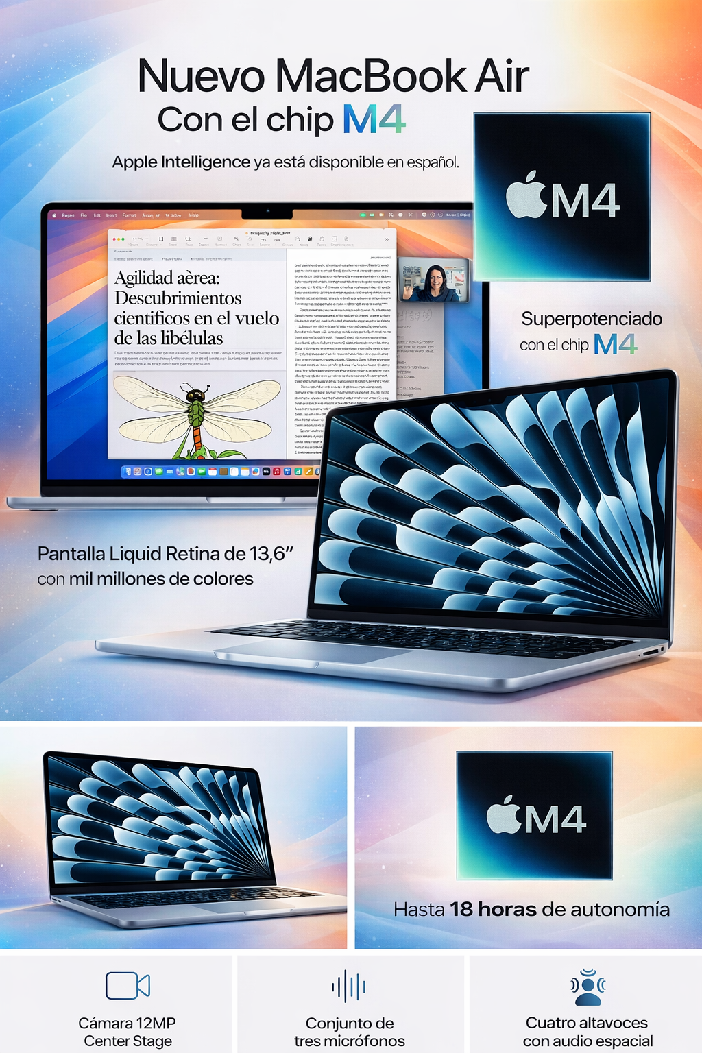 MacBook Air con chip M4 mostrando Apple Intelligence en español, pantalla Liquid Retina de 13,6 pulgadas, hasta 18 horas de batería, cámara 12MP Center Stage y audio espacial