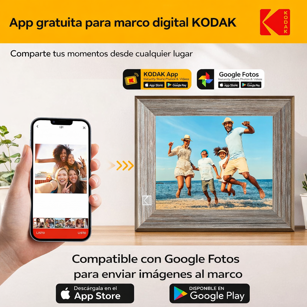 marco digital Kodak como regalo para el Día de la Madre con fotos familiares y conexión wifi desde el móvil