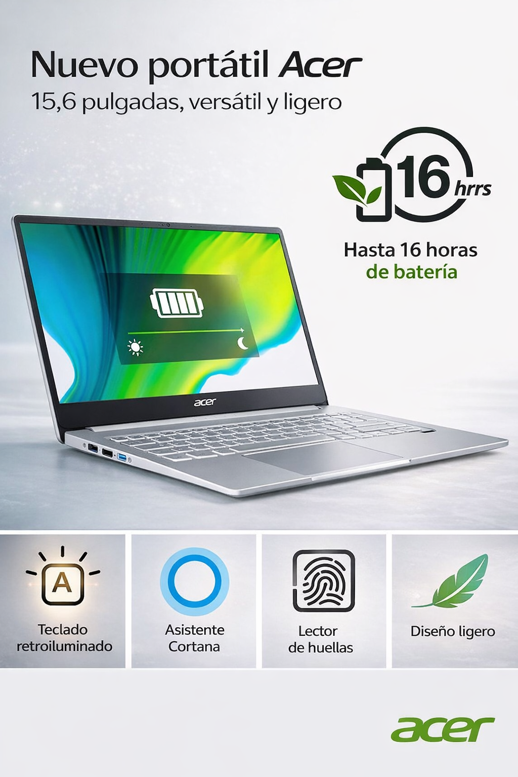 Portátil Acer de 15,6 pulgadas con hasta 16 horas de batería, teclado retroiluminado, lector de huellas, asistente Cortana y diseño ligero en color plata