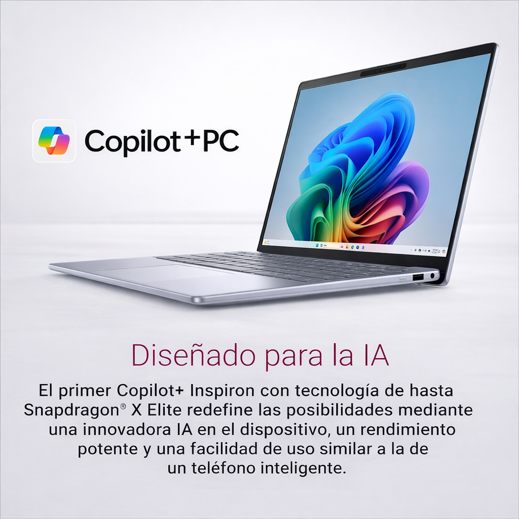 Portátil Dell Inspiron Copilot+ con Snapdragon X Elite, diseñado para inteligencia artificial, portátil de 14 pulgadas potente, ligero y optimizado para productividad avanzada