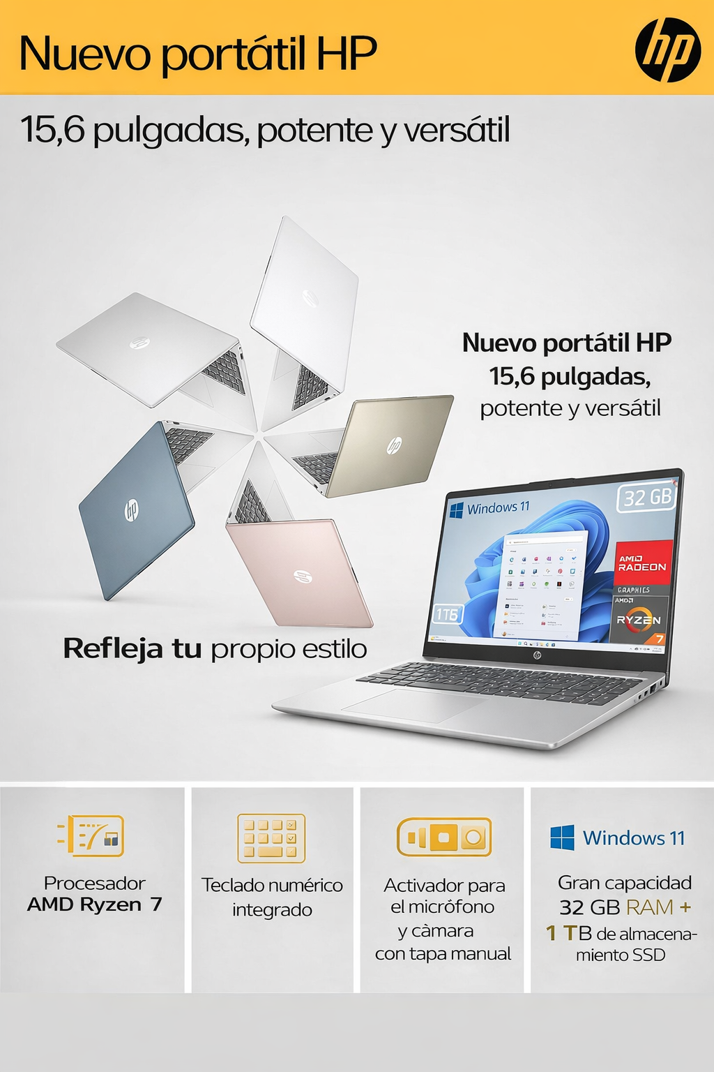 Portátil HP de 15,6 pulgadas con procesador AMD Ryzen 7, 32GB RAM y 1TB SSD, Windows 11, diseño en varios colores y cámara con privacidad integrada