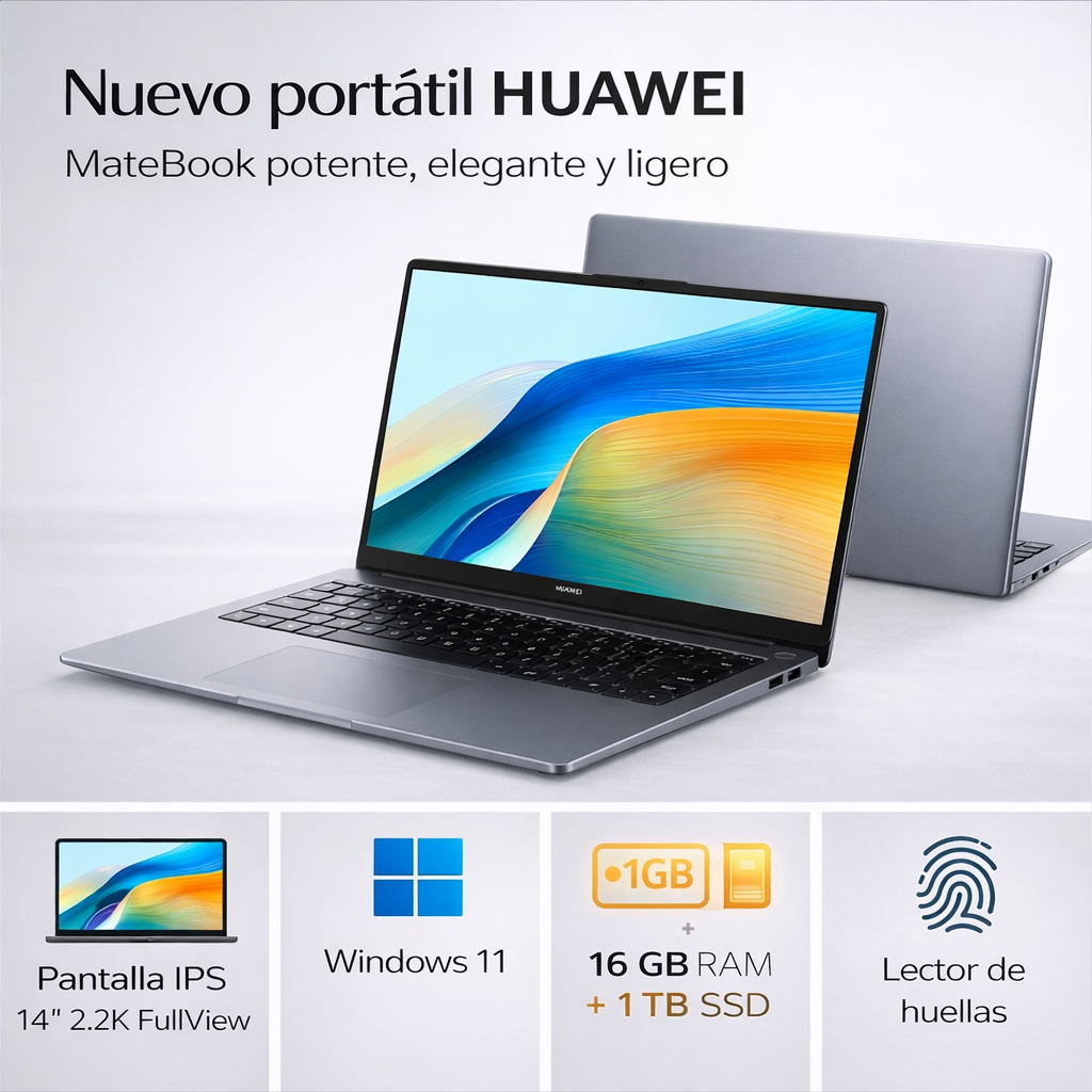 Portátil Huawei MateBook de 14 pulgadas con pantalla IPS 2K FullView, 16GB RAM y 1TB SSD, Windows 11, diseño ligero y lector de huellas integrado