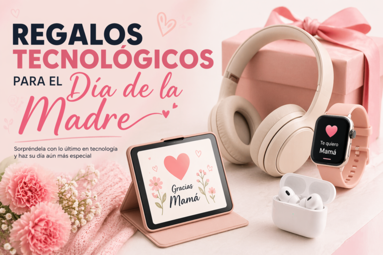 regalos tecnológicos para el Día de la Madre con auriculares inalámbricos, smartwatch, tablet, auriculares tipo earbuds y caja regalo en tonos rosa.