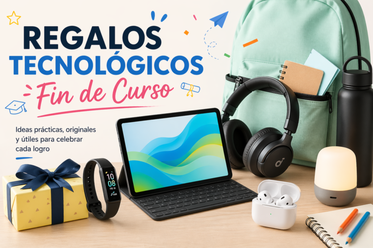 regalos tecnológicos de fin de curso con gadgets modernos como auriculares, smartwatch, altavoz portátil y accesorios tecnológicos sobre fondo colorido y juvenil.