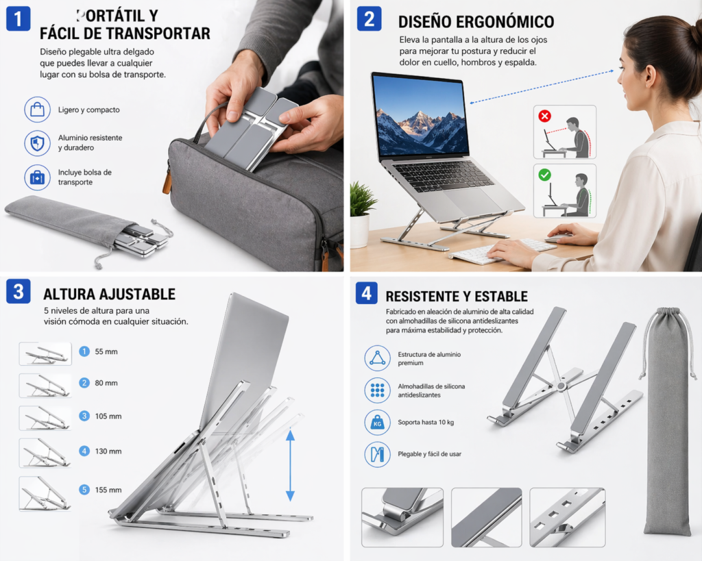 Soporte portátil plegable para laptop guardándose en bolsa de transporte para llevar fácilmente.