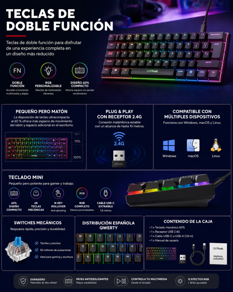 Teclado mecánico gaming 60% compacto con iluminación RGB, teclas de doble función, cable USB-C extraíble, distribución QWERTY española y switches mecánicos para PC y portátil.