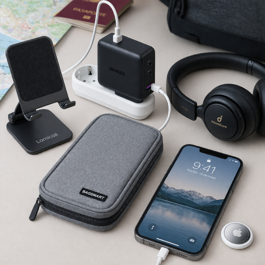 gadgets de viaje útiles cargador auriculares y móvil organizados