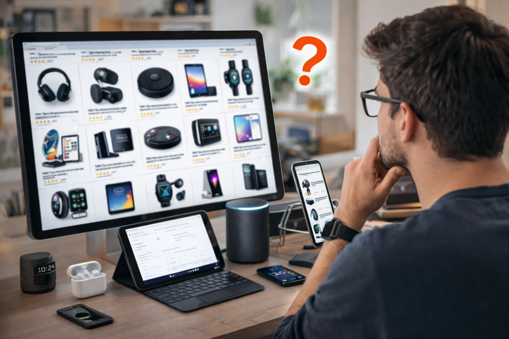 persona comparando distintos gadgets en pantalla con muchas opciones antes de comprar tecnología en 2026