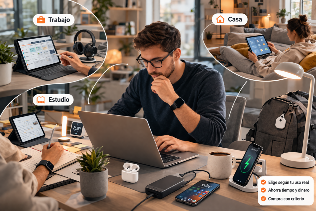 persona usando distintos dispositivos tecnológicos en casa, trabajo y estudio para elegir tecnología según uso real en 2026