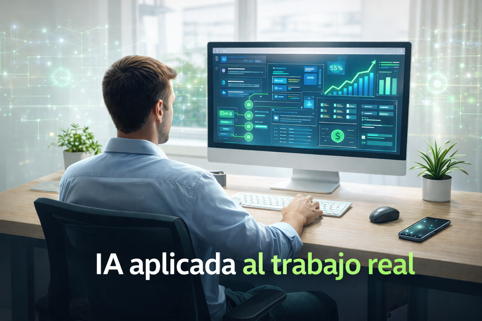 persona utilizando inteligencia artificial en su trabajo con herramientas automatizadas y paneles organizados en 2026