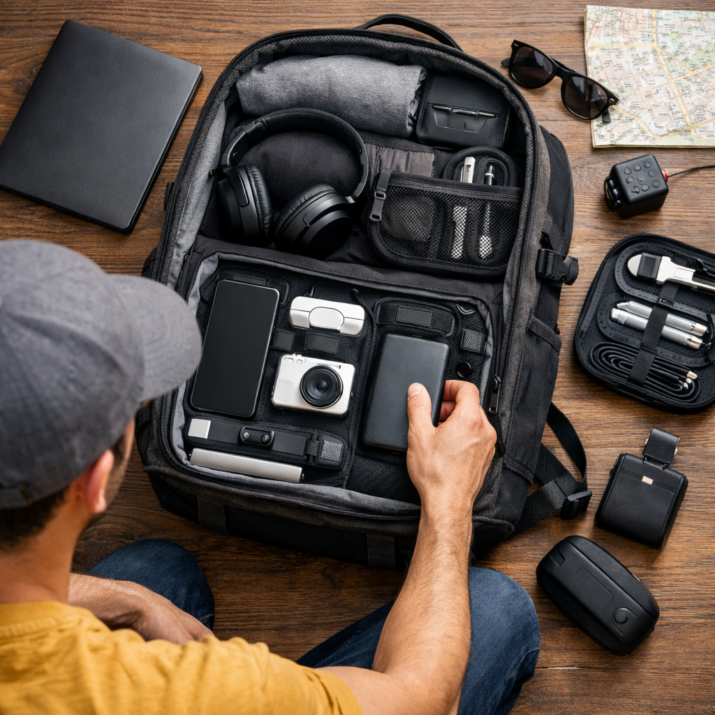 gadgets imprescindibles para viajar en 2026 organizados en mochila
