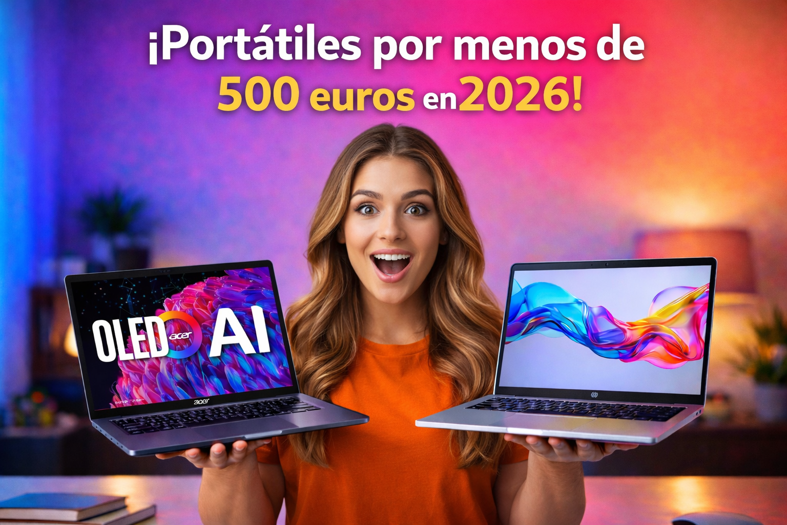 chica sorprendida comparando portátiles por menos de 500 euros en 2026