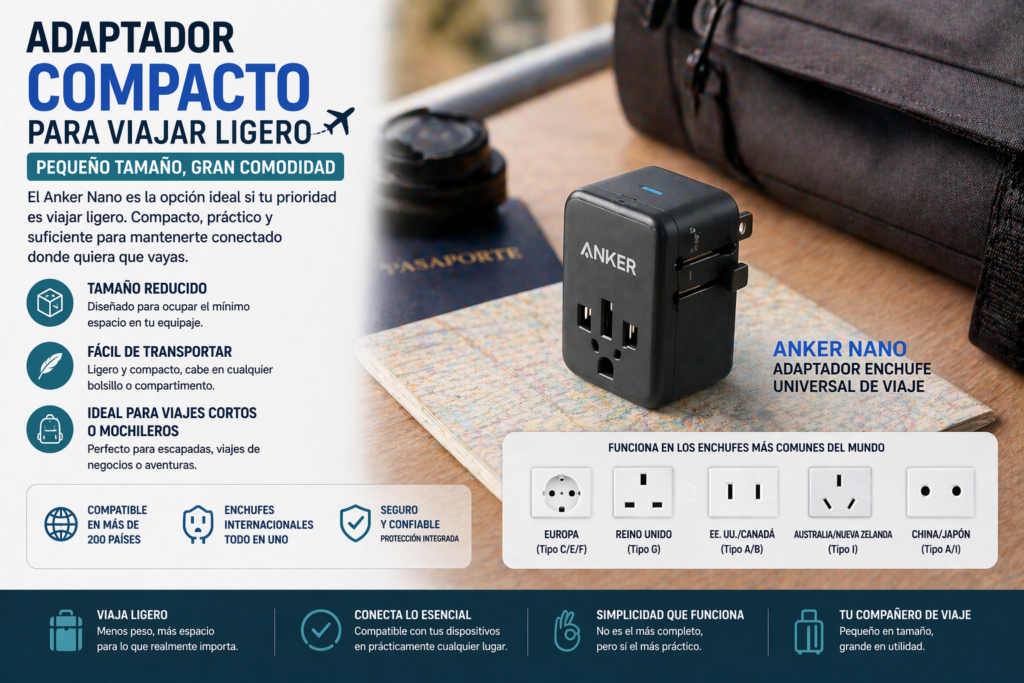 Adaptador compacto para viajar ligero Anker Nano enchufe universal pequeño fácil de transportar ideal para viajes cortos y mochileros