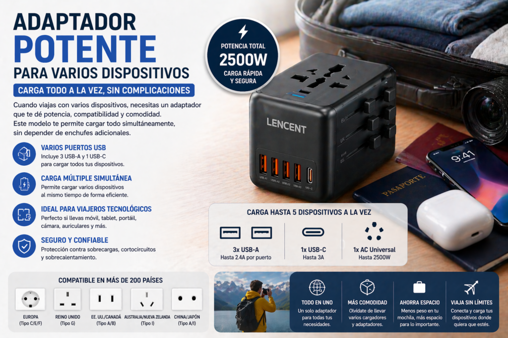 Adaptador potente para varios dispositivos LENCENT con múltiples puertos USB ideal para viajar y cargar móvil tablet portátil y gadgets al mismo tiempo