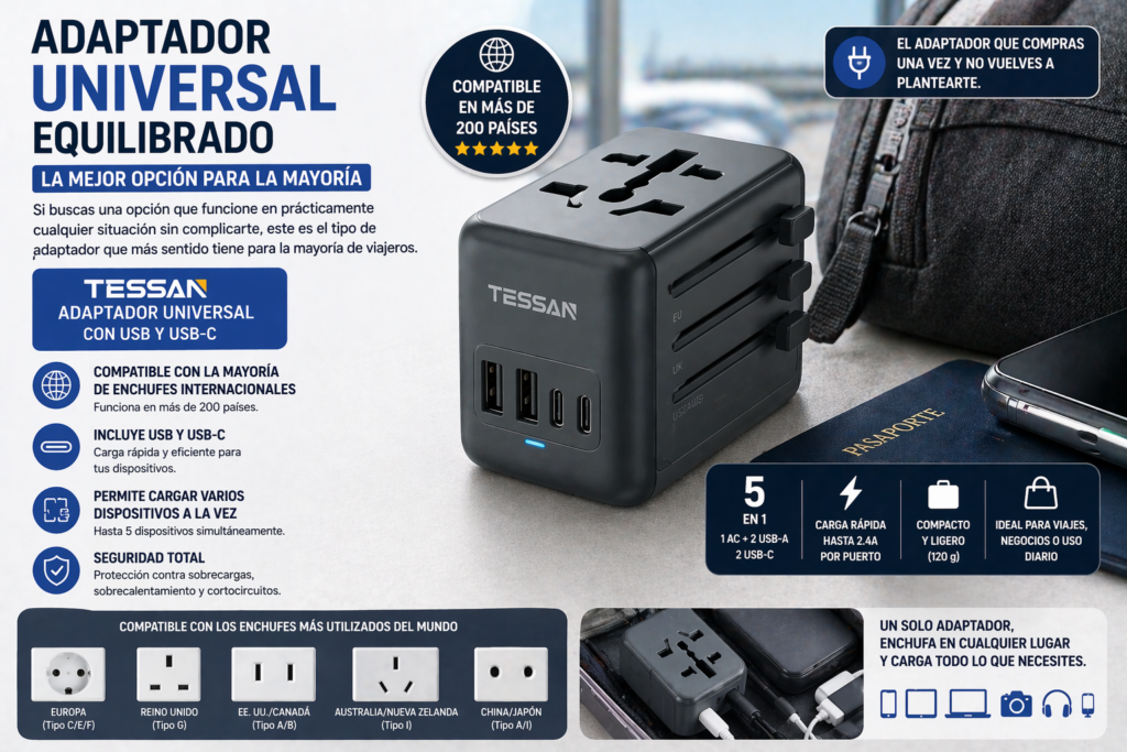  Adaptador universal equilibrado TESSAN con USB y USB-C mejor opción para la mayoría de viajeros compatible con enchufes internacionales