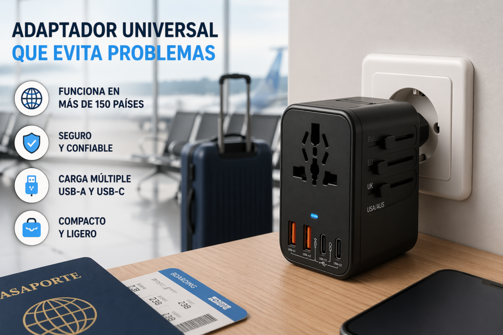 Adaptador universal que evita problemas para viajar compatible con enchufes internacionales y carga de dispositivos