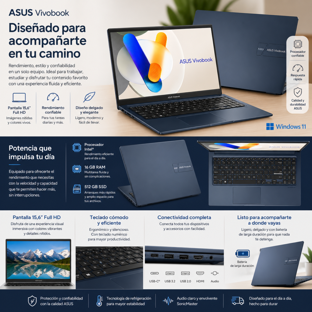 Portátil ASUS VivoBook de 15 pulgadas con diseño elegante azul, teclado completo y pantalla Full HD ideal para trabajo y entretenimiento