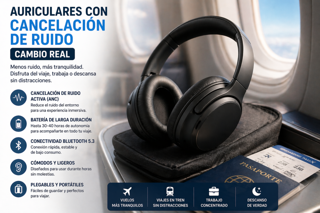 Auriculares con cancelación de ruido para viajar cómodamente en avión tren o aeropuerto con mejor sonido y menos ruido