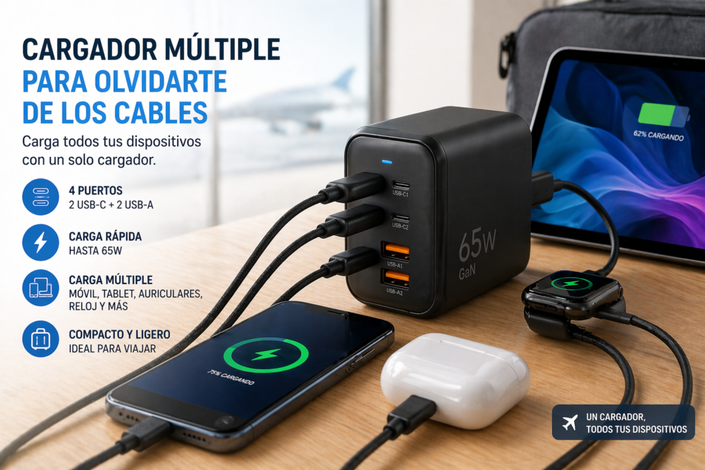 Cargador múltiple para olvidarte de los cables con varios puertos USB para cargar móvil tablet auriculares y reloj al viajar