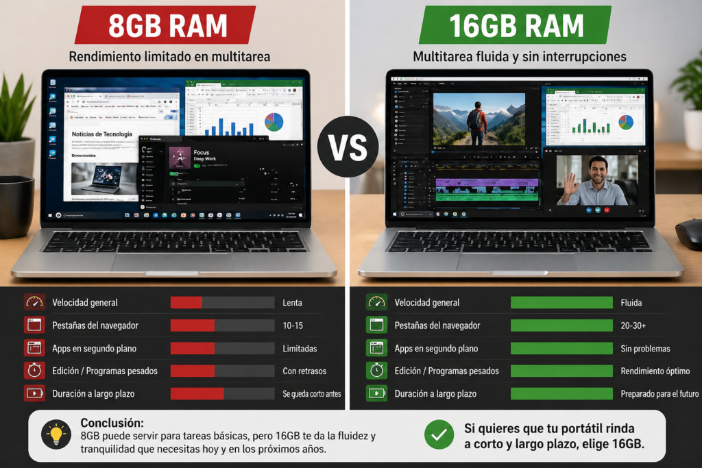 diferencia de rendimiento entre portátil con 8GB y 16GB RAM en uso real multitarea