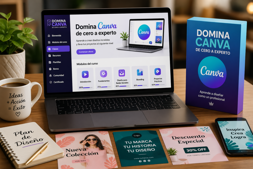 Mejor curso de Canva en español Domina Canva de cero a experto por dentro con panel del curso y Canva abierto en portátil