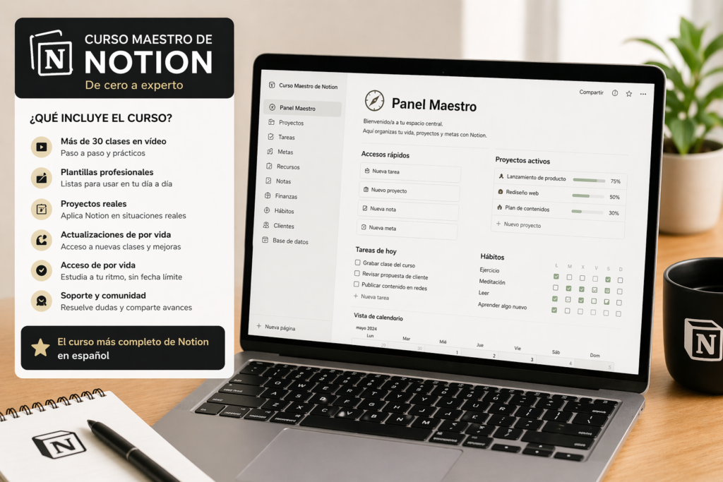Mejor curso de Notion en español Curso Maestro de Notion por dentro con panel del curso e interfaz de Notion en portátil